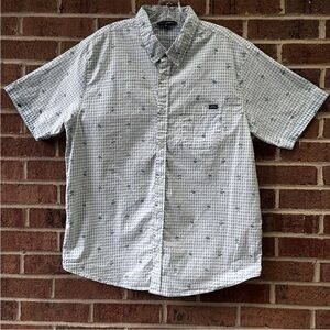Simply Southern Men XL Plaid Button Down Short Shirt Sleeve Palm Tree Gingham